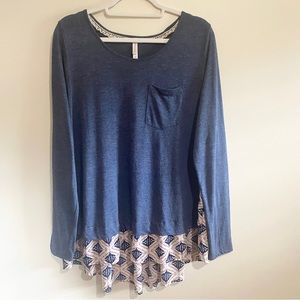 Xhilaration Multi Fabric Loose Fitting Hi Low Tshirt Blouse, Dark Grey/Blue, 2XL